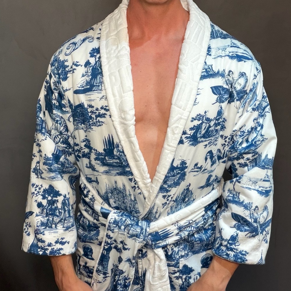 Couture Philipp Plein Bathrobe En Plein Air White Blue 100% Cotton‎ Small Luxury - Picture 7 of 14